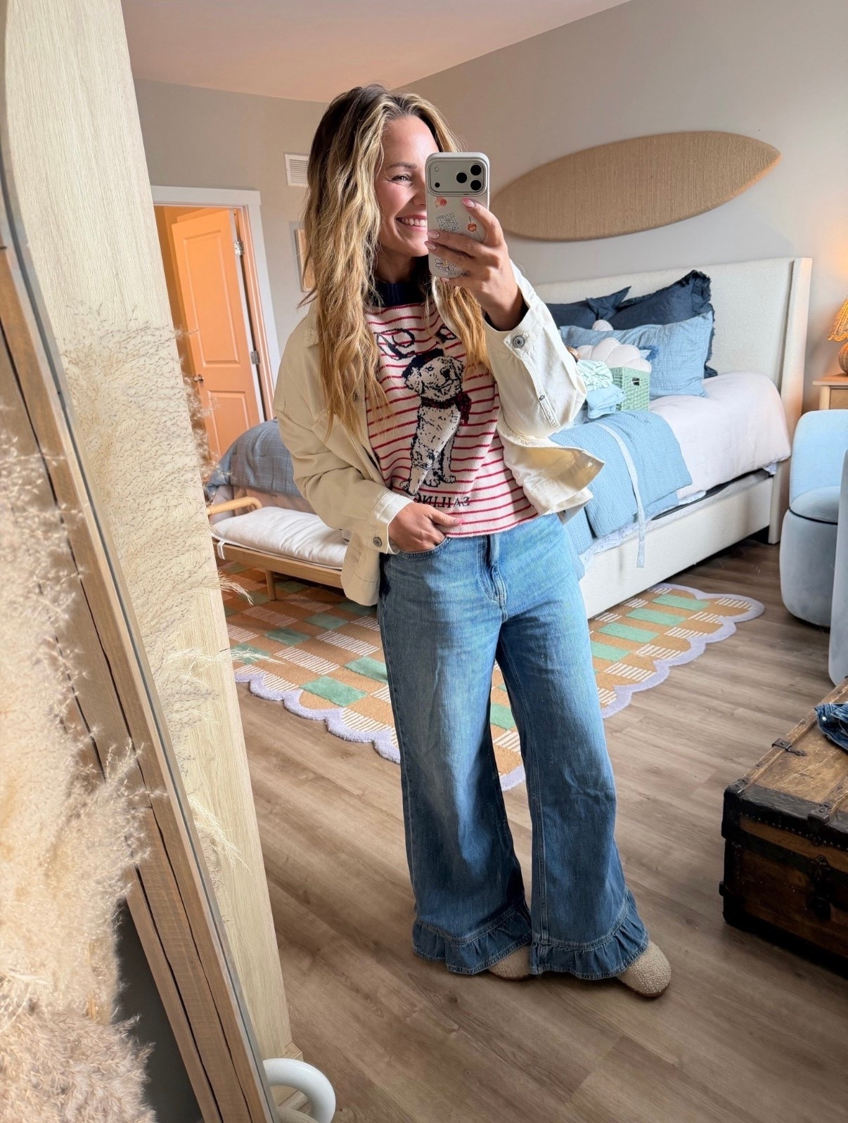 Coastal grandma meets playful summer energy 🐶⚓️

This little dog sweater had me immediately 😂🤍 Paired it with the cutest ruffle hem denim + a lightweight neutral jacket for that effortless “threw it on but still cute” vibe.

The jeans are SUCH a fun statement piece without trying too hard — and surprisingly flattering.

Linked the full outfit in my LTK ✨

#LTKStyle #LTKFinds #SummerStyle #CoastalStyle #AbercrombieStyle #WideLegJeans #CasualOutfitIdeas #MomStyle #EverydayStyle #NeutralStyle