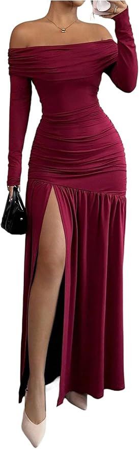 SweatyRocks Women's Off the Shoulder Ruched High Slit Long Sleeve Bodycon Maxi Long Dress | Amazon (US)