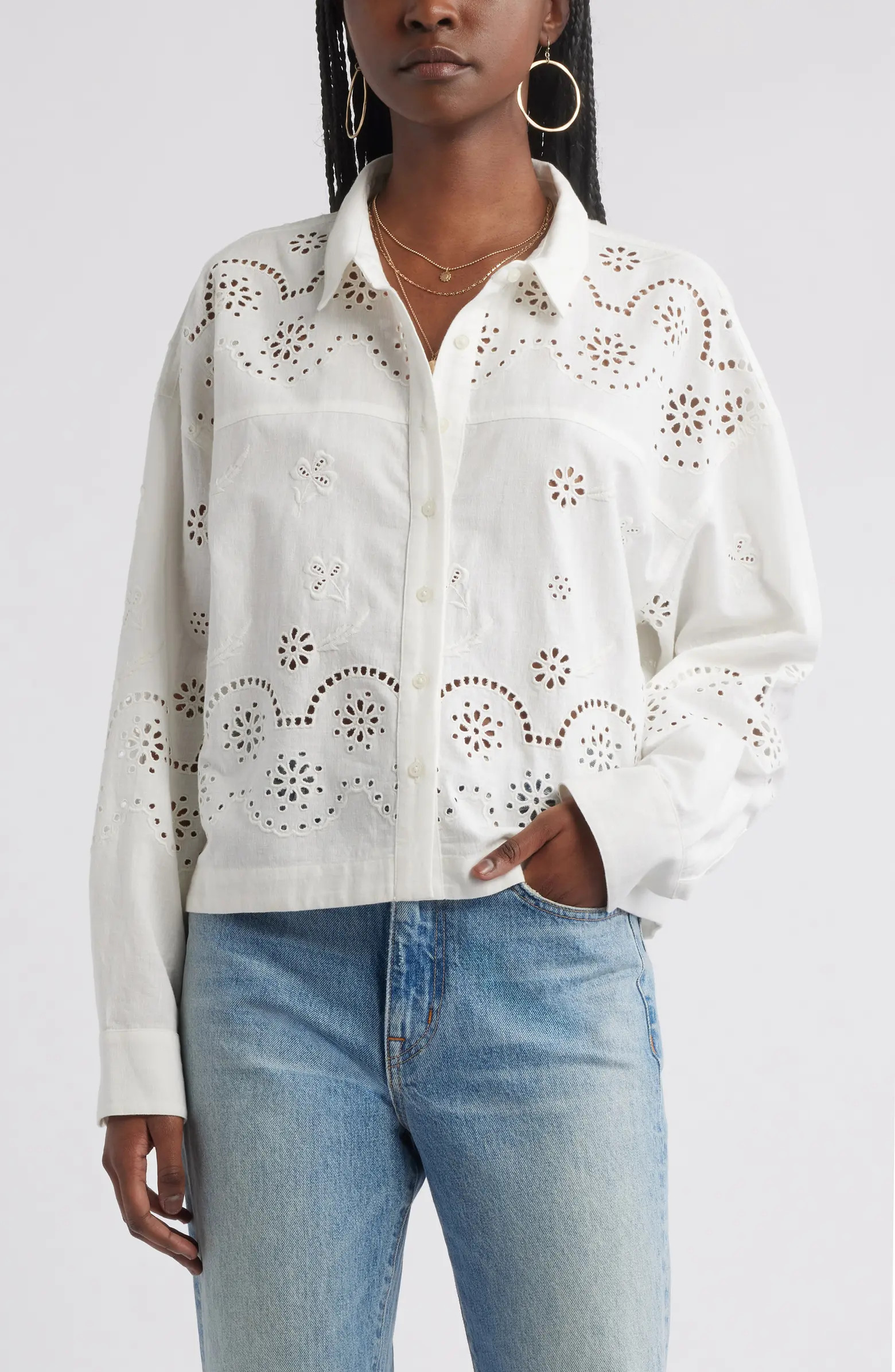 Eyelet Cotton & Linen Button-Up Shirt | Nordstrom