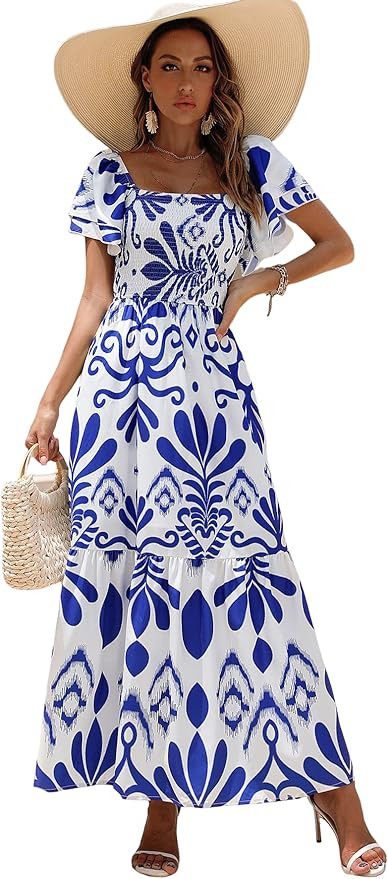 WDIRARA Women's Floral Print Flounce Ruffle Hem Short Sleeve Square Neck Dresses | Amazon (US)