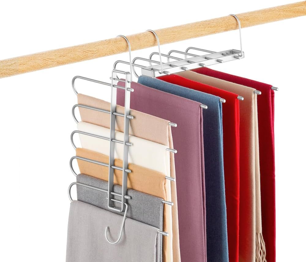 Pants Hangers Space Saving,Closet Hangers 5 Layers 2 Uses Multi Functional Pants Rack,Metal Heavy... | Amazon (US)