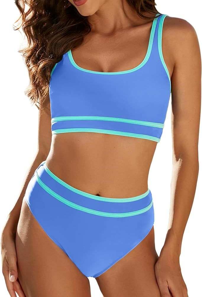 Women High Waisted Bikini Sets Two Piece Swimsuit Sporty Bathing Suit Color Block Swim Suits | Amazon (US)