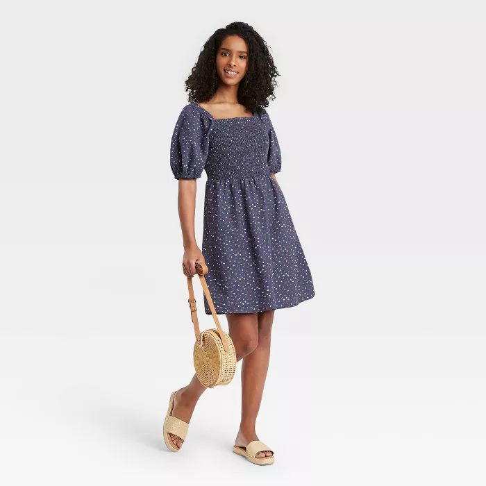 Women's Floral Print Puff Elbow Sleeve Smocked Dress - Universal Thread™ Navy | Target