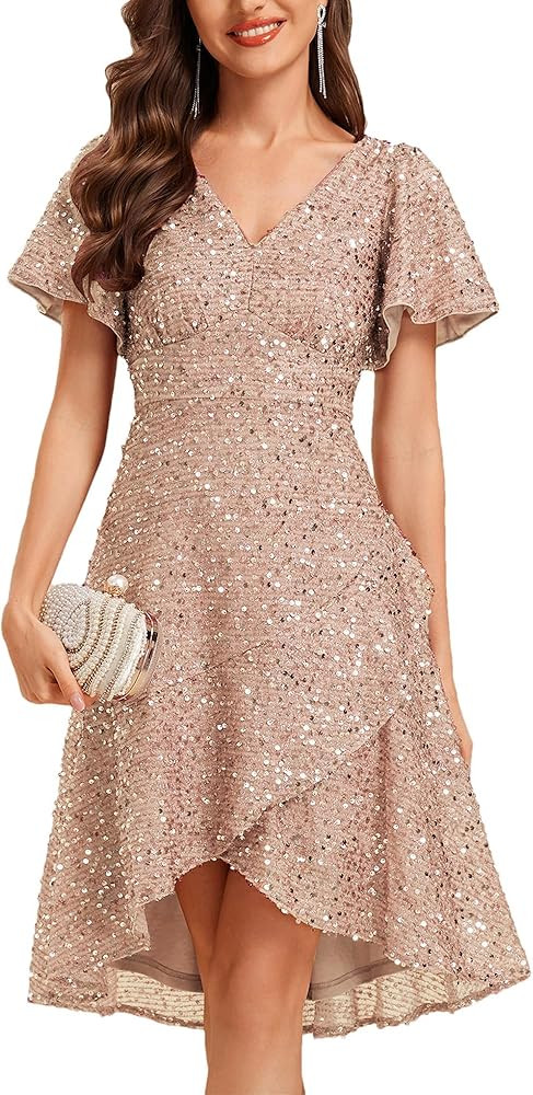 Ever-Pretty Women's V-Neck Short Sleeves A Line Empire Waist Sequin High-Low Evening Dresses 0240... | Amazon (US)