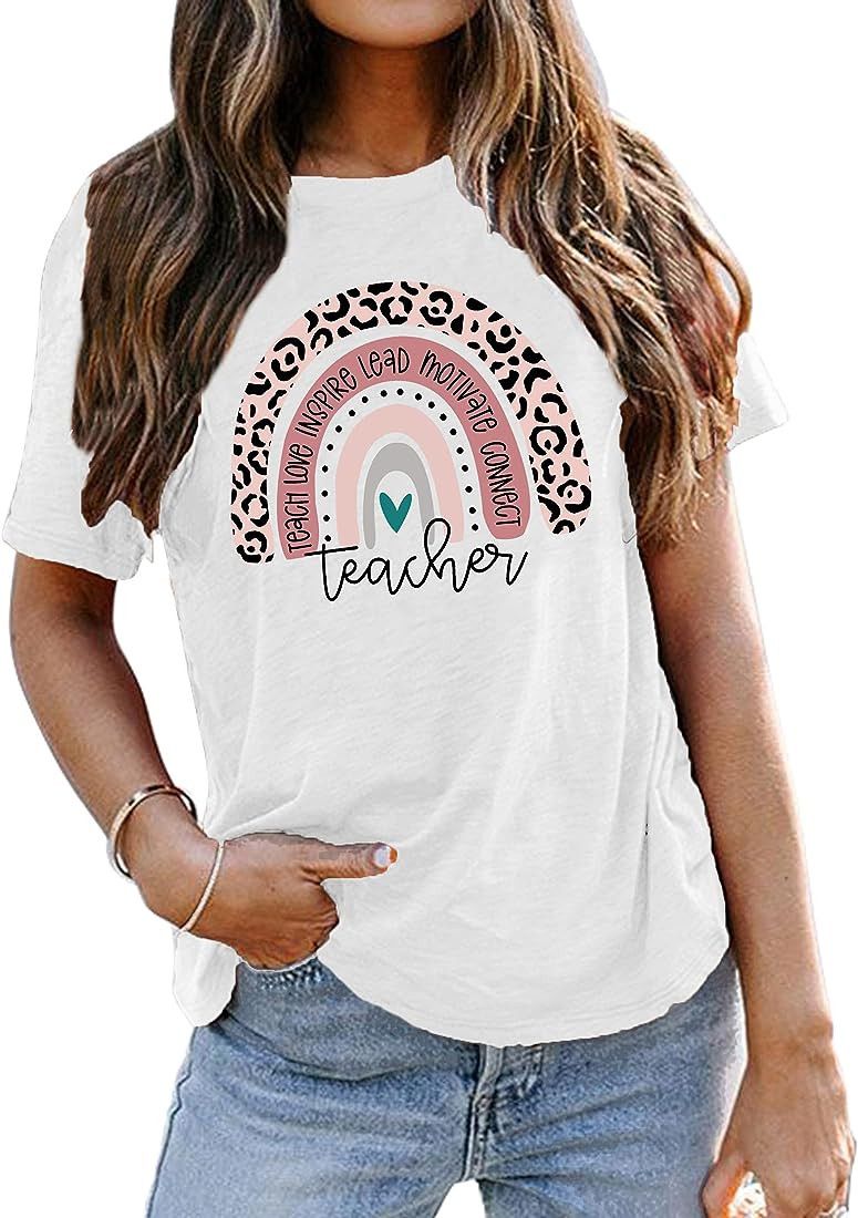 Teacher Shirt for Women Teach Rainbow Leopard Graphic Tee Tops Teachers Gift Teach Inspire T Shir... | Amazon (US)