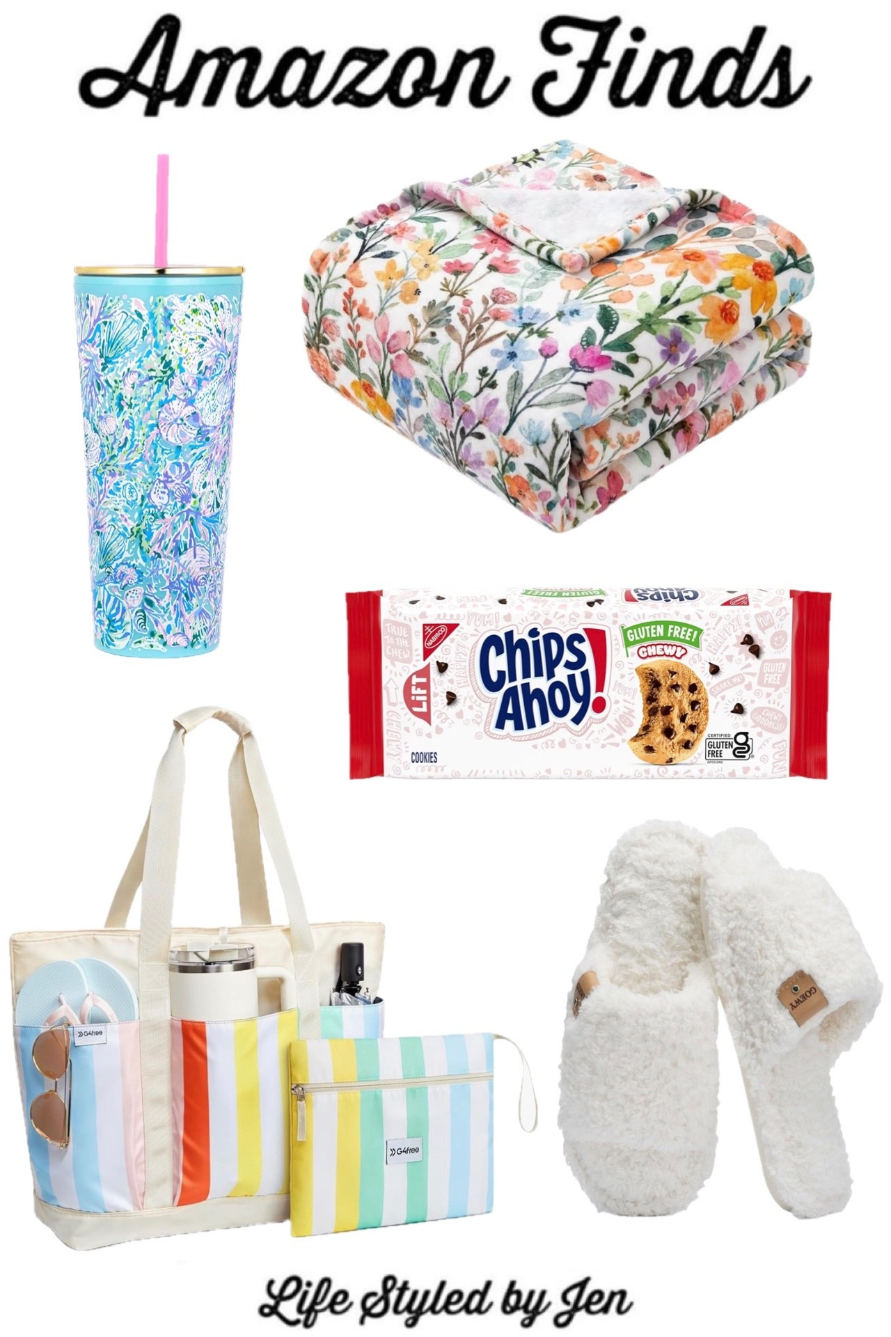 Time for this week’s Amazon Finds - five items from Amazon that are definitely worth checking out! 🎉

✔️ Lilly Pulitzer Double Wall Tumbler - pretty cups are just fun to own, and this stunning option is on sale for under $20 at Amazon right now! The colors are so stunning 🤩 It’s more fun to drink anything out of a pretty cup, and this is also easy to take on the go! 🩵

✔️ G4Free Beach Bag - absolutely love the amazing functionality of this large tote. Comes with a waterproof case that the entire tote can actually fold down into, has so much space including lots of interior pockets, and features large outer pockets designed to hold large water bottles or other larger essentials. Fantastic price point for this multifunctional bag! 

✔️ Whaline Floral Blanket - I love all things floral, and I adore cozy blankets, so this is the best of both worlds 🌸 This floral blanket is SO pretty in person, and features a beautiful watercolor print. So soft and snuggly, and a lovely seasonal touch for any space!  

✔️ Gluten Free Chewy Chips Ahoy - Chips Ahoy FINALLY came out with the gluten free version of their best selling cookie, and they taste very similar! Gluten free cookies don’t always hold up to their regular counterparts, but this is extremely close and so flavorful. On sale right now at Amazon, too 🍪 

✔️ GOEWY Open Toe Memory Foam Slippers - if you enjoy a cushy, comfy pair of slippers year round, these are an excellent option for the warmer months! They are made of a fuzzy, breathable material that will keep your feet cozy without getting too warm, especially in the Spring & Summer months. As low as $9.99 right now!

#amazon #amazonfinds 

#LTKSaleAlert #LTKselfcare #LTKSeasonal