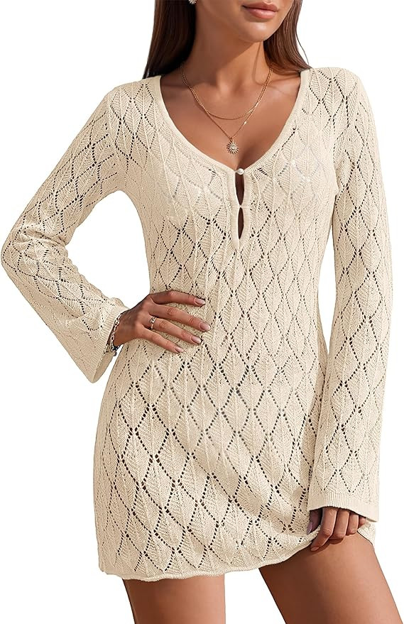 Ekouaer Swimsuit Coverup for Women Crochet Beach Cover Up Hollow Out Long Sleeve Cover Ups 2026 S... | Amazon (US)