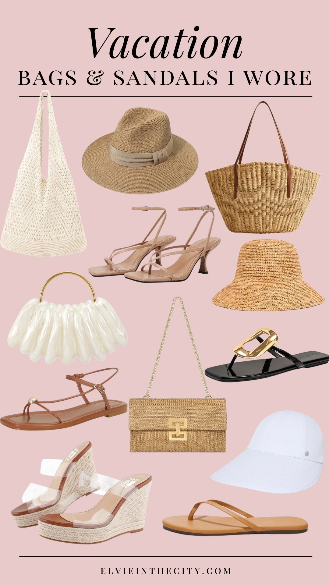 Bags and sandals I wore on vacation, including a mesh beach bag, fedora, straw tote bag, strappy heels, acrylic shell clutch, a straw hat, flat strappy sandals, black sandals with a large gold buckle, a straw crossbody bag, clear wedges, and an oversized sun blocking hat, and cloud flip flops.

Ootd, fashion over 40, over 50 style, vacation accessories, cruise outfitts

#LTKOver40 #LTKTravel #LTKSeasonal