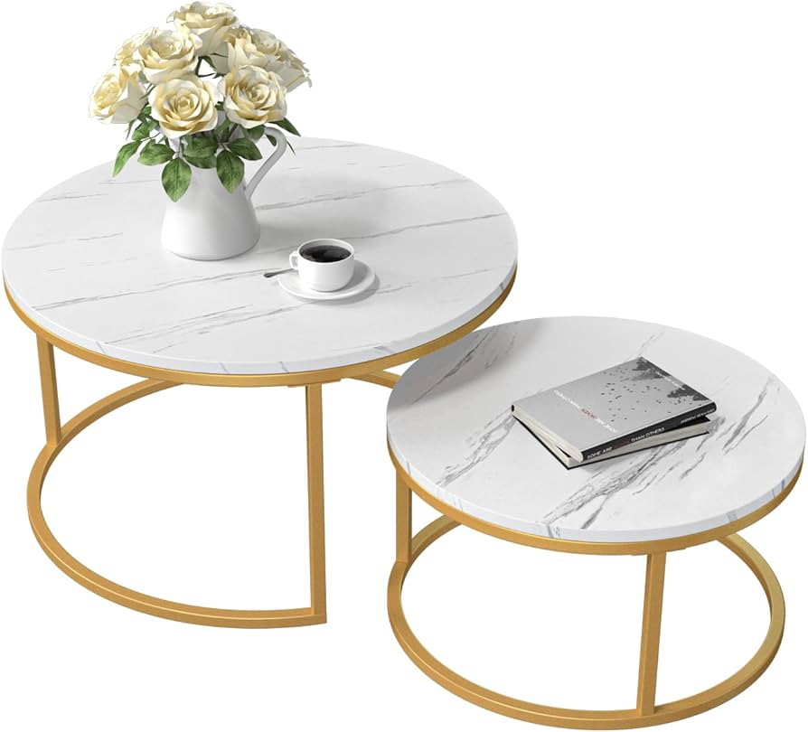 QSSLLC Round Nesting Coffee Table, Set of 2 Modern Coffee Table with Faux Marble Top, Gold Metal ... | Amazon (US)