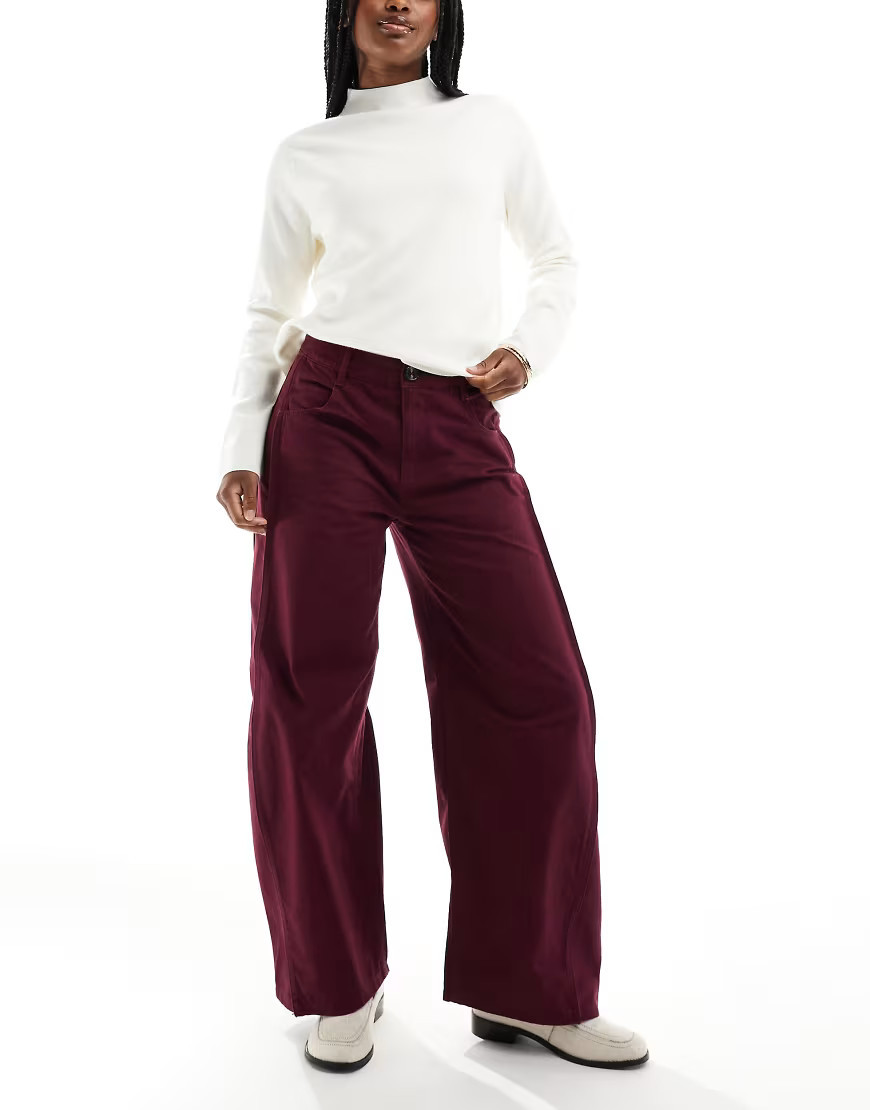 ASOS DESIGN horseshoe pants with tab waist detail in wine-Red | ASOS (Global)