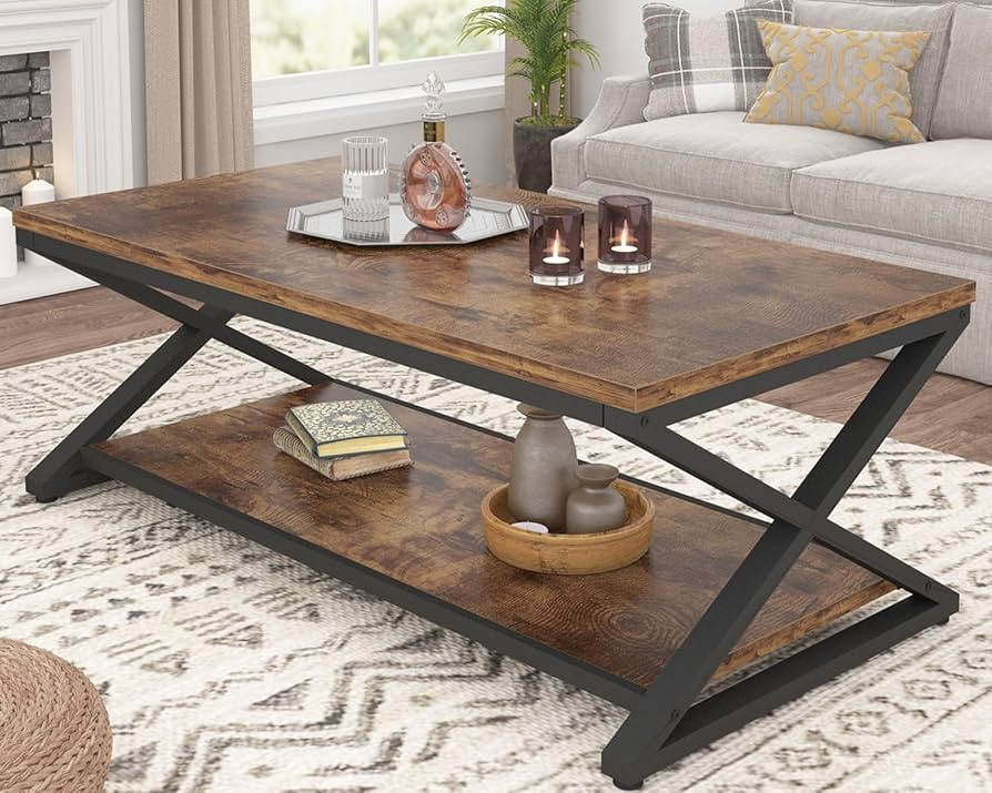 HSH Rustic Coffee Table with Storage Shelf, Industrial Metal Wood Living Room Table, Farmhouse Mi... | Amazon (US)