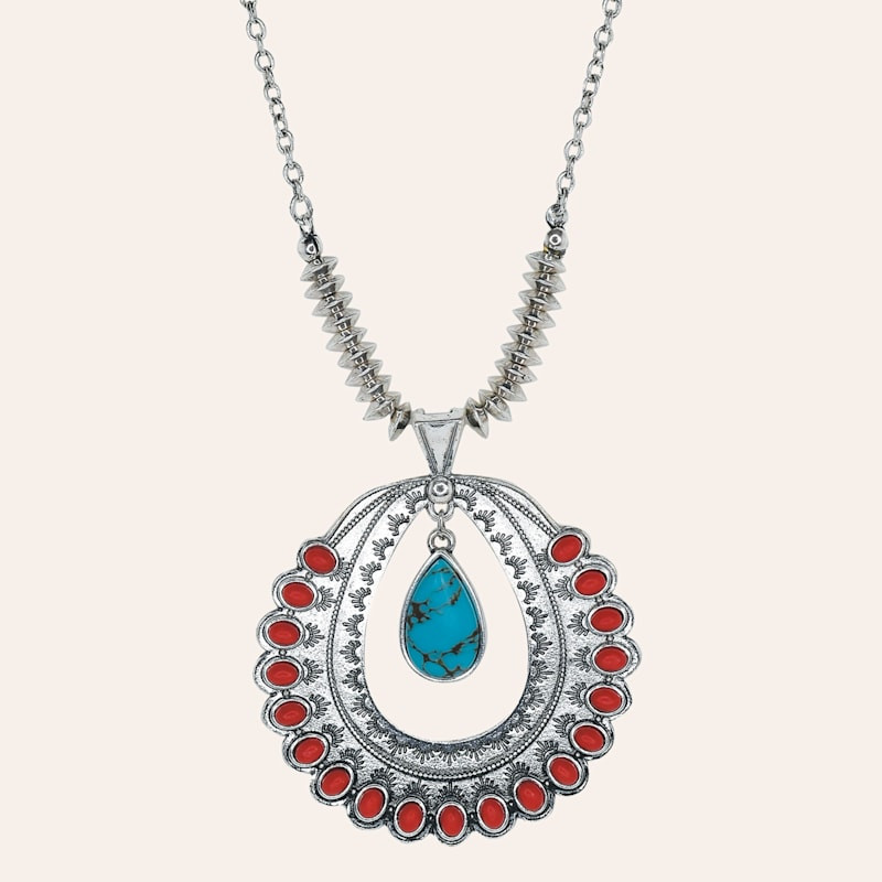Justin Ladies’ Silver, Coral and Turquoise Hoop and Charm Necklace | Cavender's