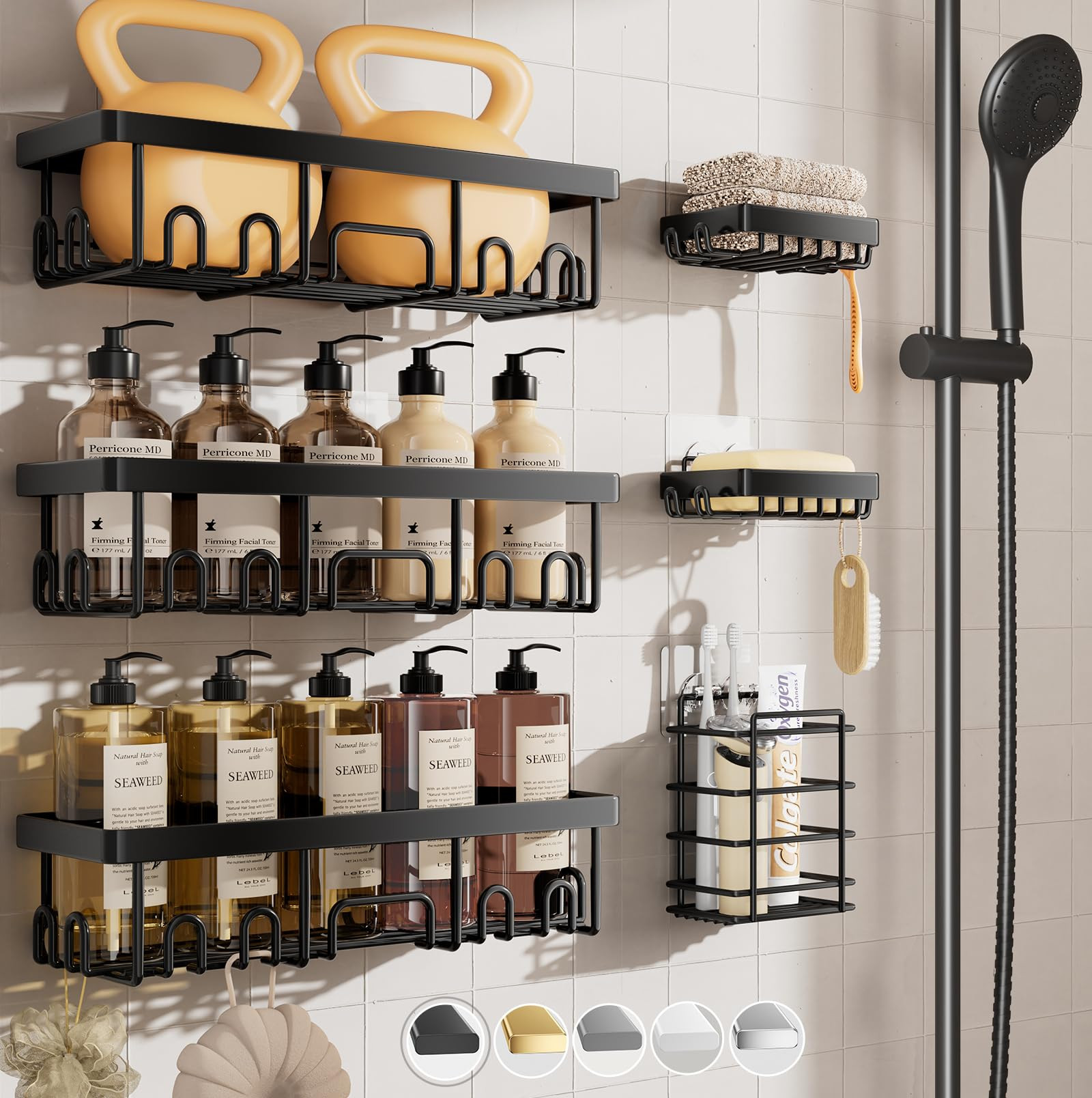 Veken Stainless Steel Shower Caddy 6-Pack, Adhesive Rustproof Shelves Rack with Soap Holder, Larg... | Amazon (US)