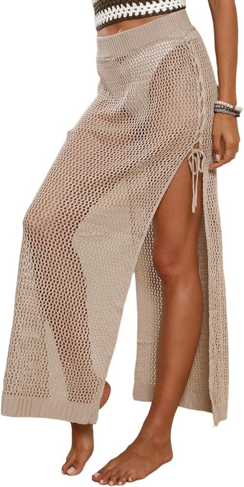 Women's Hollow Out Knit Maxi Skirt Sexy Side Slit Elastic Waist Beach Cover Up Skirts | Amazon (US)