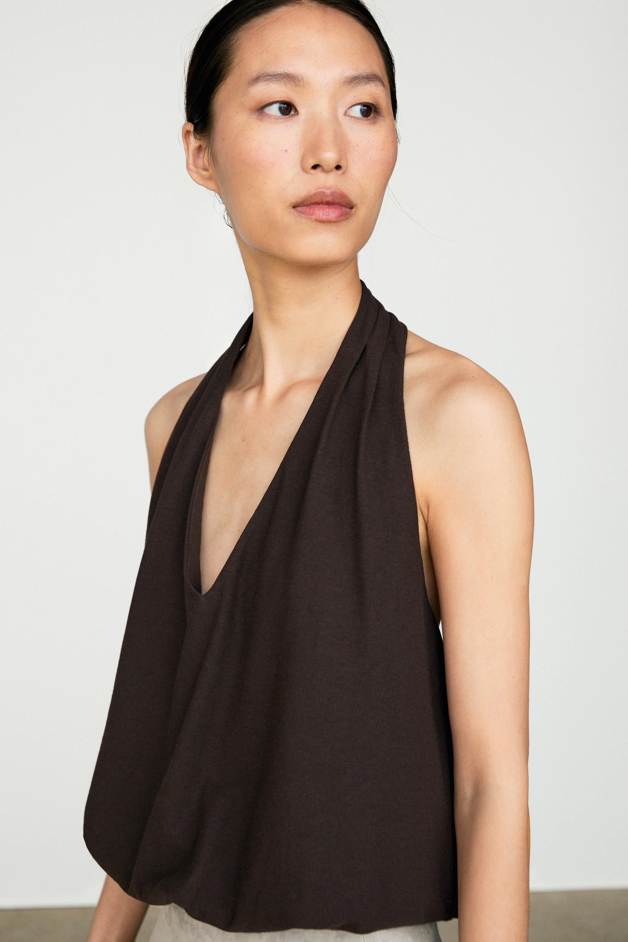 Top encolure am\u00e9ricaine bas \u00e9lastique coton | Massimo Dutti FR