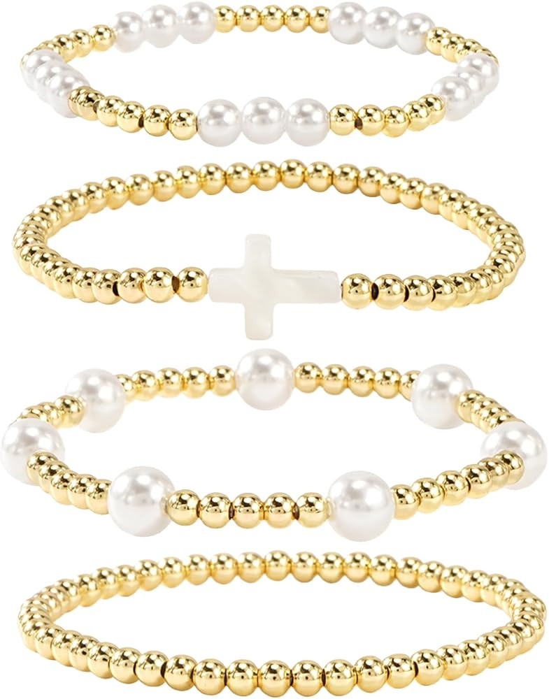 14K Gold Pearl Beaded Cross Bracelets Stack Set for Women,Stretch Boho Colorful Christian Beads B... | Amazon (US)