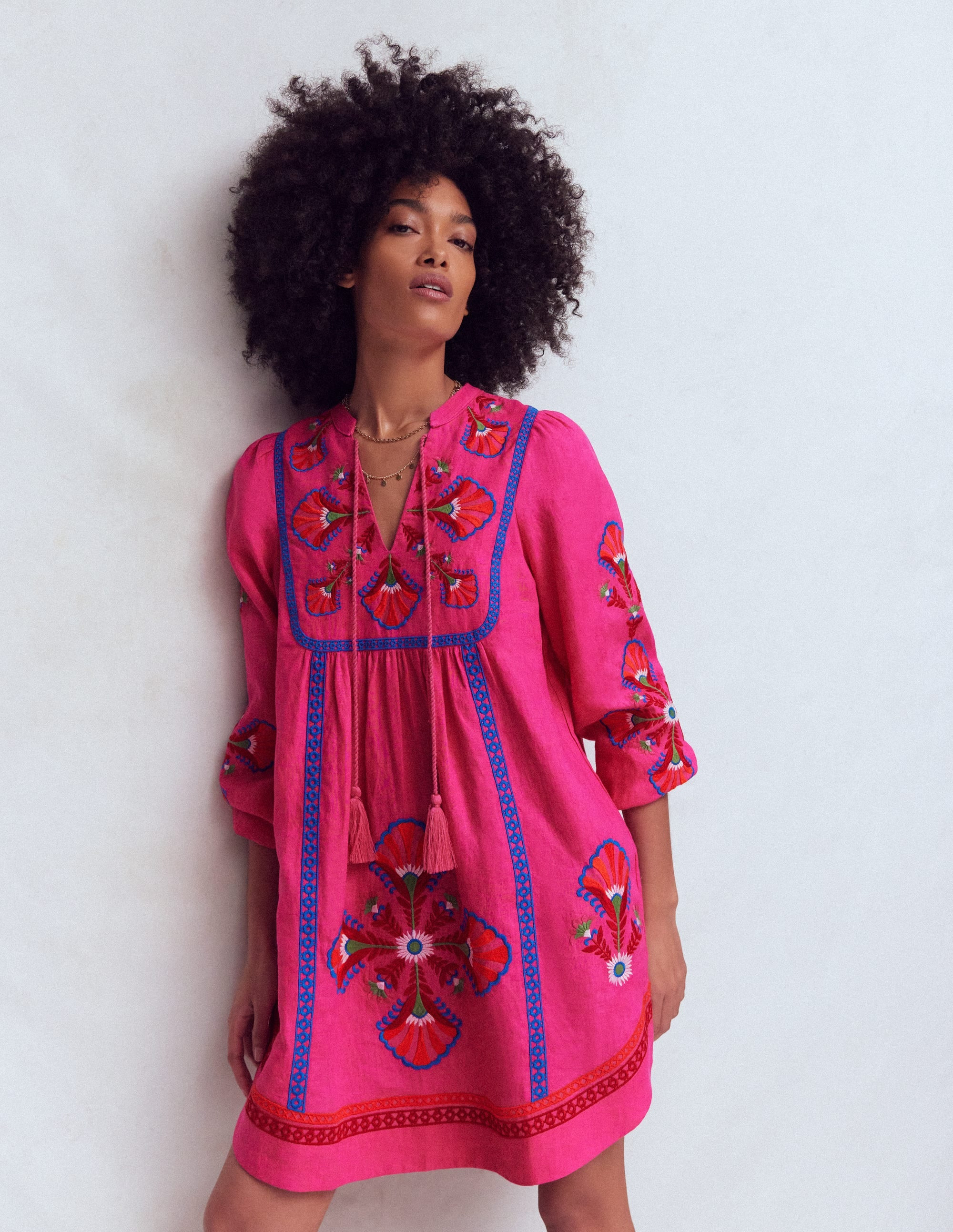 Pia Linen Blend Yoke Dress-Pink Embroidery | Boden UK