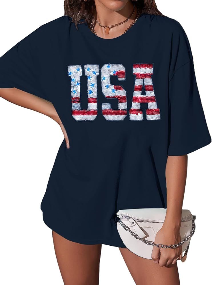 USA Sequin Tops American Shirts : Patriotic Oversized Tshirt Womens Fourth of July Shirts Short S... | Amazon (US)