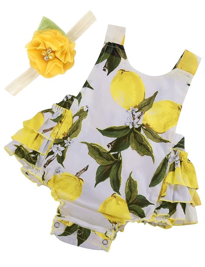 PrinceSasa Baby Girl's Floral Print Ruffles Romper Summer Clothes with Headband | Amazon (US)