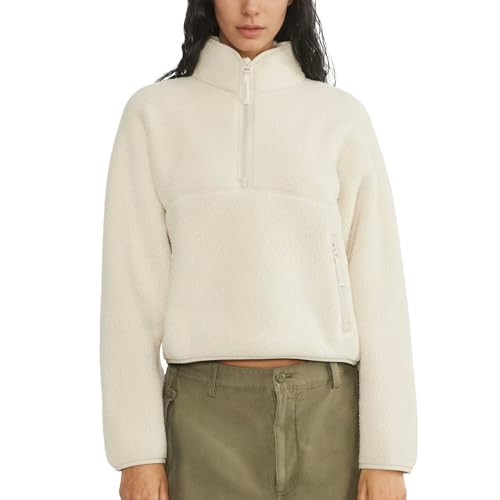 Keeliya Womens Fleece Sweatshirts Cropped Half Zip Sherpa Pullover Fuzzy Warm Winter Jackets with Zipper Pockets(Beige,M) | Amazon (US)