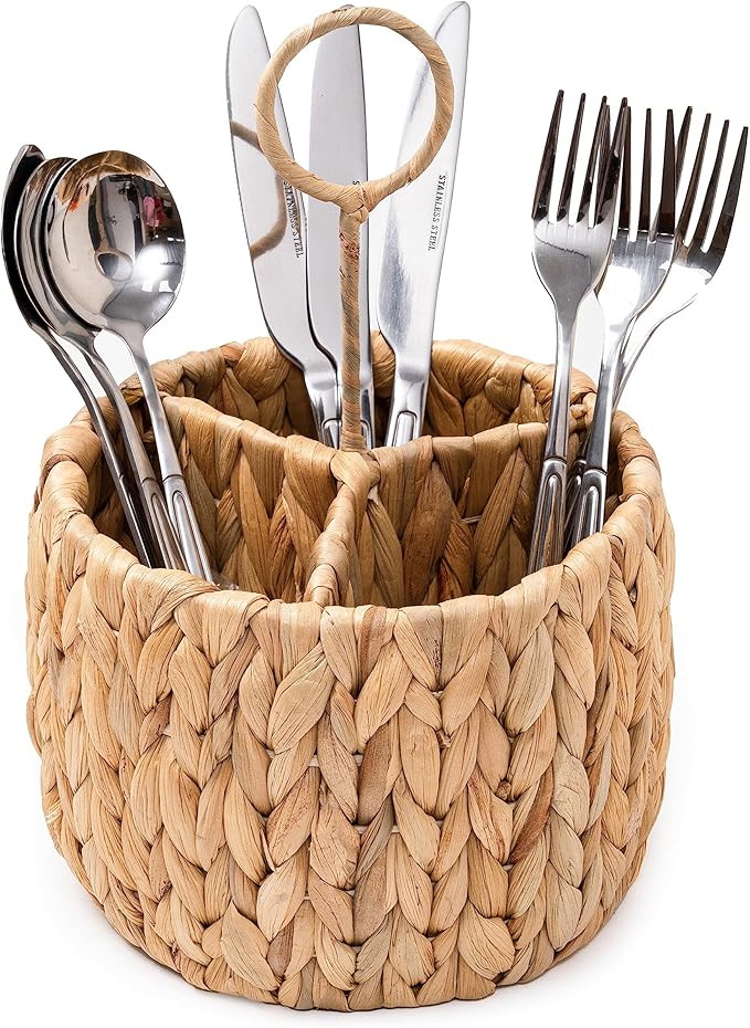 KOLWOVEN Wicker Flatware Organizer , Kitchen Utensil Holder for Countertop, Silverware Caddy Natu... | Amazon (US)