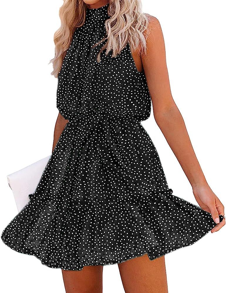 BTFBM Women 2023 Summer Halter Neck Dresses Sleeveless Casual Floral Polka Dot Leopard Print Shor... | Amazon (US)
