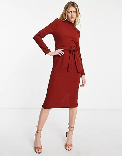 ASOS DESIGN long sleeve midi dress with obi belt in red | ASOS (Global)