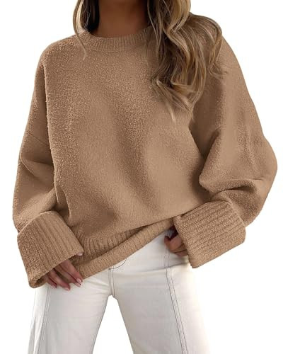 PRETTYGARDEN Women's Fall Oversized Sweaters Casual Crewneck Pullover Long Sleeve Fuzzy Chunky Knit Tops Blouse (Khaki,Large) | Amazon (US)