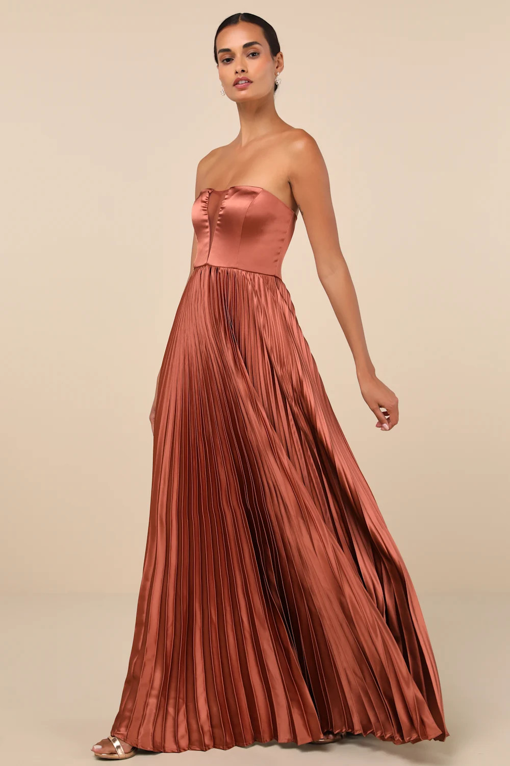 Perfected Elegance Mauve Satin Pleated Strapless Maxi Dress | Lulus