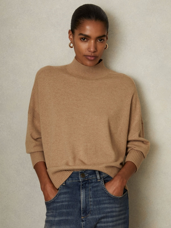 Wool Blend Funnel Neck Jumper in Camel | Reiss UK