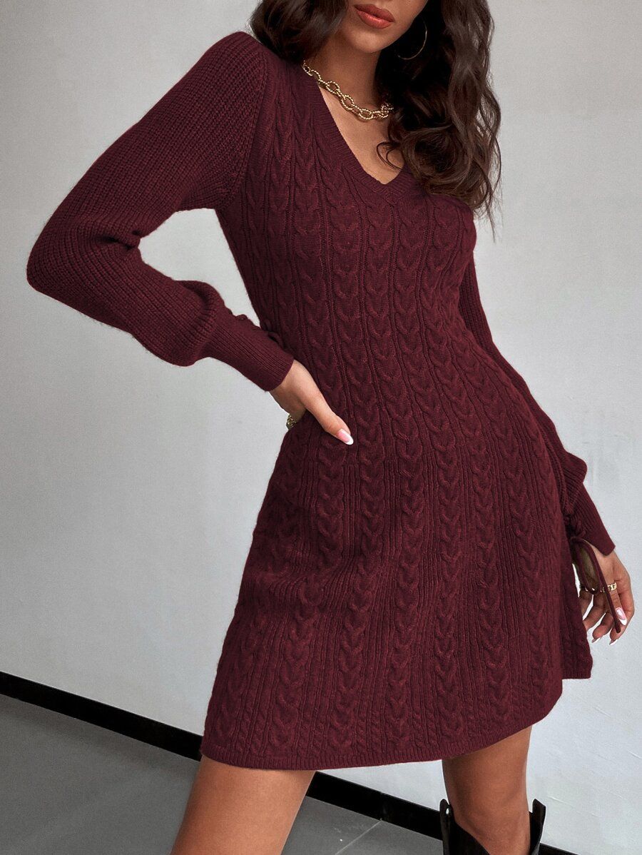 Lace Up Cuff Cable Knit Sweater Dress | SHEIN