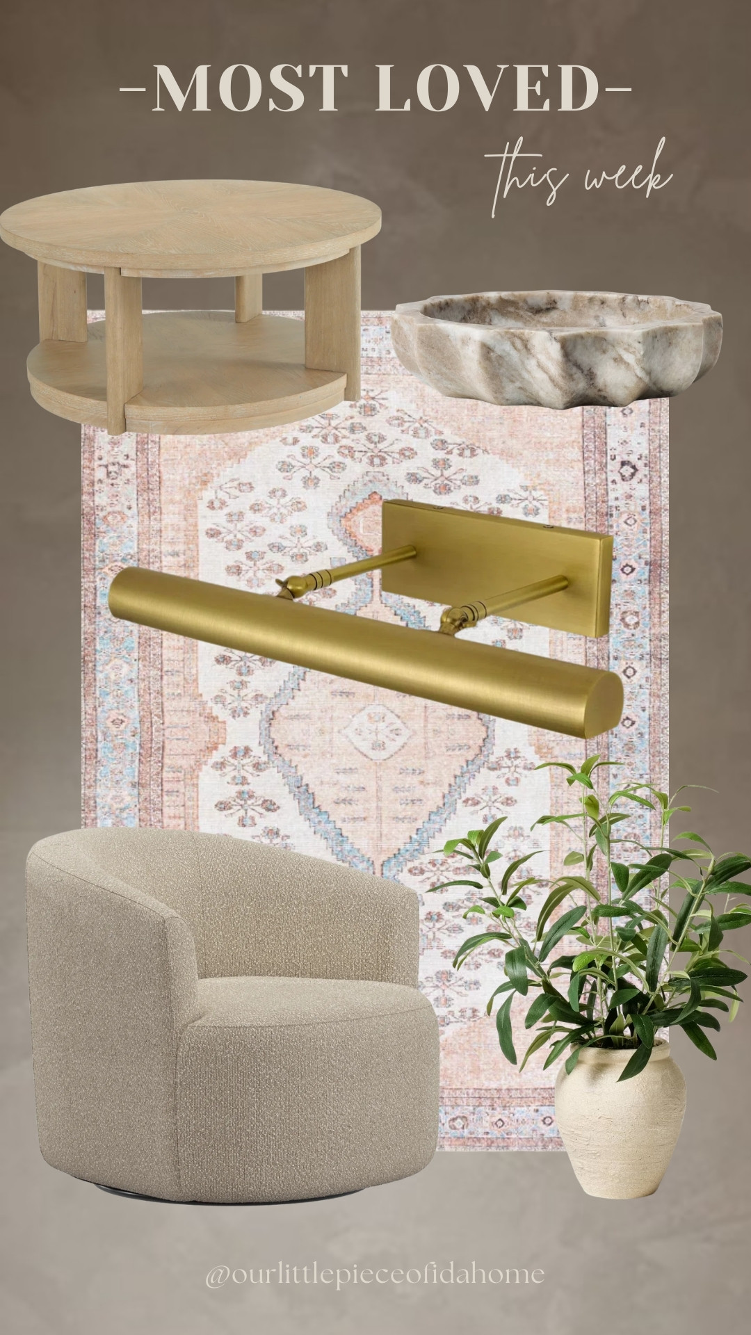 These are a few of the most-loved home pieces from this week. I’m linking the round wood side table, marble bowl, brass picture light, vintage-style rug, swivel accent chair, and ceramic planter I’ve been reaching for when styling calm, lived-in spaces.

I like how each piece adds warmth and texture without overwhelming a room. These are the kinds of timeless, everyday pieces I use to create a layered home that still feels simple and comfortable.
@Wayfair
@Target
@Walmart
 

 #LTKU #LTKHome #LTKSaleAlert