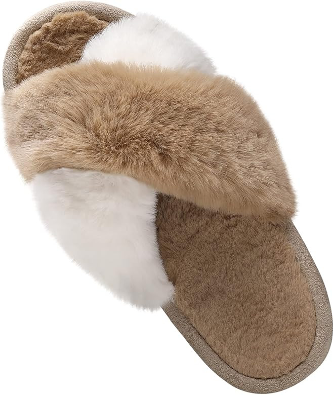 Women's Soft Plush Lightweight House Slippers Fuzzy Cross Band Slip on Open Toe Cozy Indoor Outdoor  | Amazon (US)