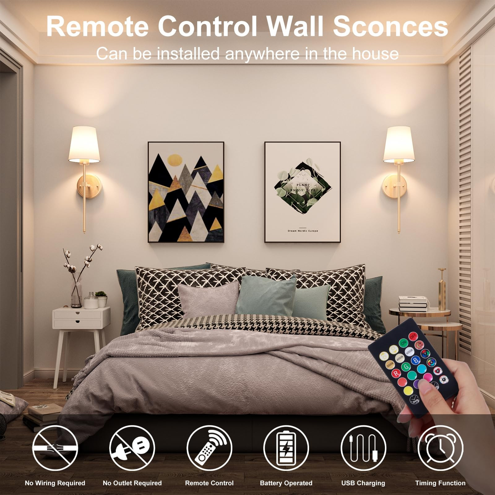 Battery Operated Wall Sconces Set of 2, Remote Control Wireless Wall Light with Rechargable Bulbs... | Amazon (US)
