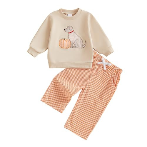 Toddler Baby Boy Halloween Pumpkin Smocked Outfit Long Sleeve Embroidery Sweatshirt Gingham Pants Two Piece Clothes (A-Apricot, 6-12 Months) | Amazon (US)