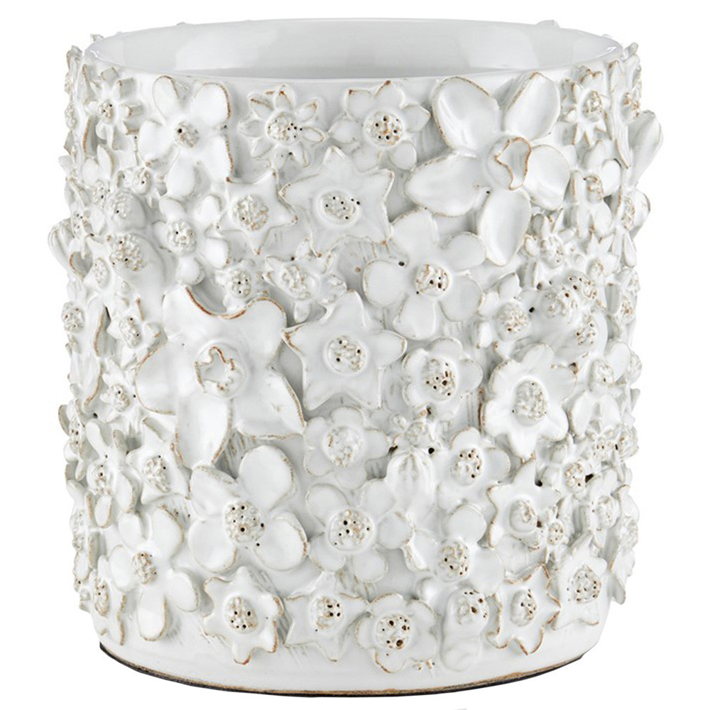 Jasmine French Country White Ceramic Floral Embossed Handmade Cachepot - Small | Kathy Kuo Home