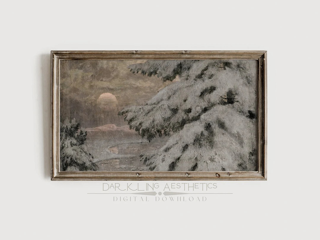 Samsung Frame TV Art | Winter Sunset Painting | Vintage Moody Snowy Christmas Landscape | Dark Ac... | Etsy (US)
