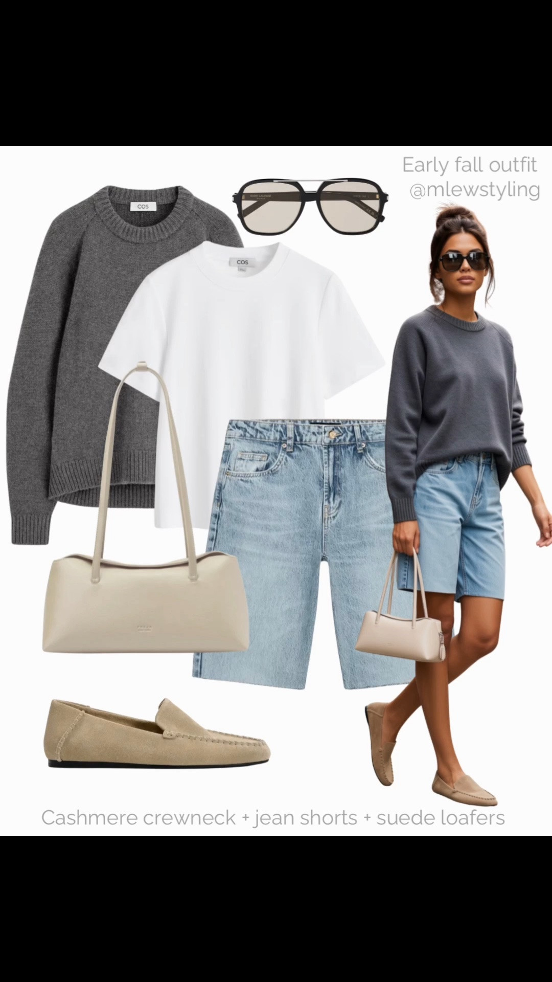 Early fall outfit 🩶

Tags: summer transitional outfit, grey cashmere crew neck sweater, cos white tee, Zara Bermuda jean shorts, suede loafers, freja nyc shoulder bag, neutral outfit formulas

#LTKfall #LTKbag #LTKshoes