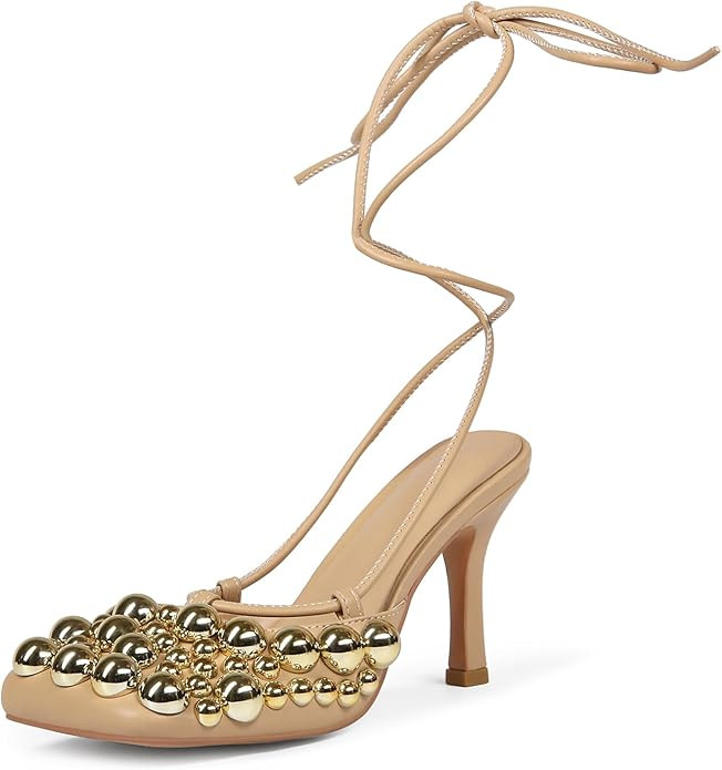 Saint Leia Women's 4IN High Heel Sandals Nude Stiletto Pumps with Gold Silver Pearls Heels for We... | Amazon (US)