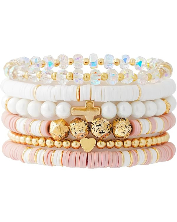 Heishi Beaded Stretch Bracelets for Women Stackable Gold Polymer Clay Beads Bracelets Friendship ... | Amazon (US)