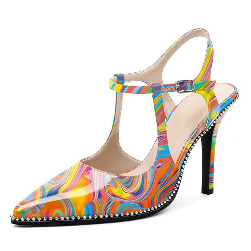 SAMMITOP Womens Colorful Heels Multicolor High Heel Stiletto Pumps Closed Pointed Toe Sexy Beaded Dress Mary Jane Shoes 3.5 Inch Comfortable Wedding Party Date US Size 8 | Amazon (US)