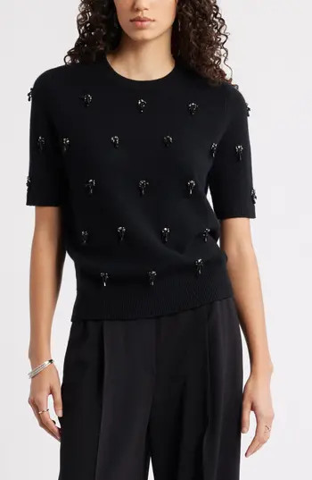 Nordstrom Embellished Short Sleeve Wool & Cashmere Sweater in Black Rock Embellished at Nordstrom Rack, Size X-Large | Nordstrom Rack