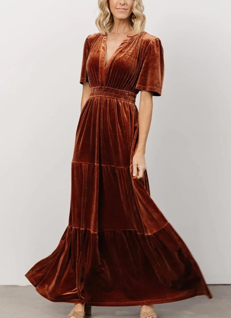 Women's Elegant Velvet Maxi Dress Plunging V Neck Long Wrap Dress Aline Flowy Formal Bridesmaid Dres | Amazon (US)