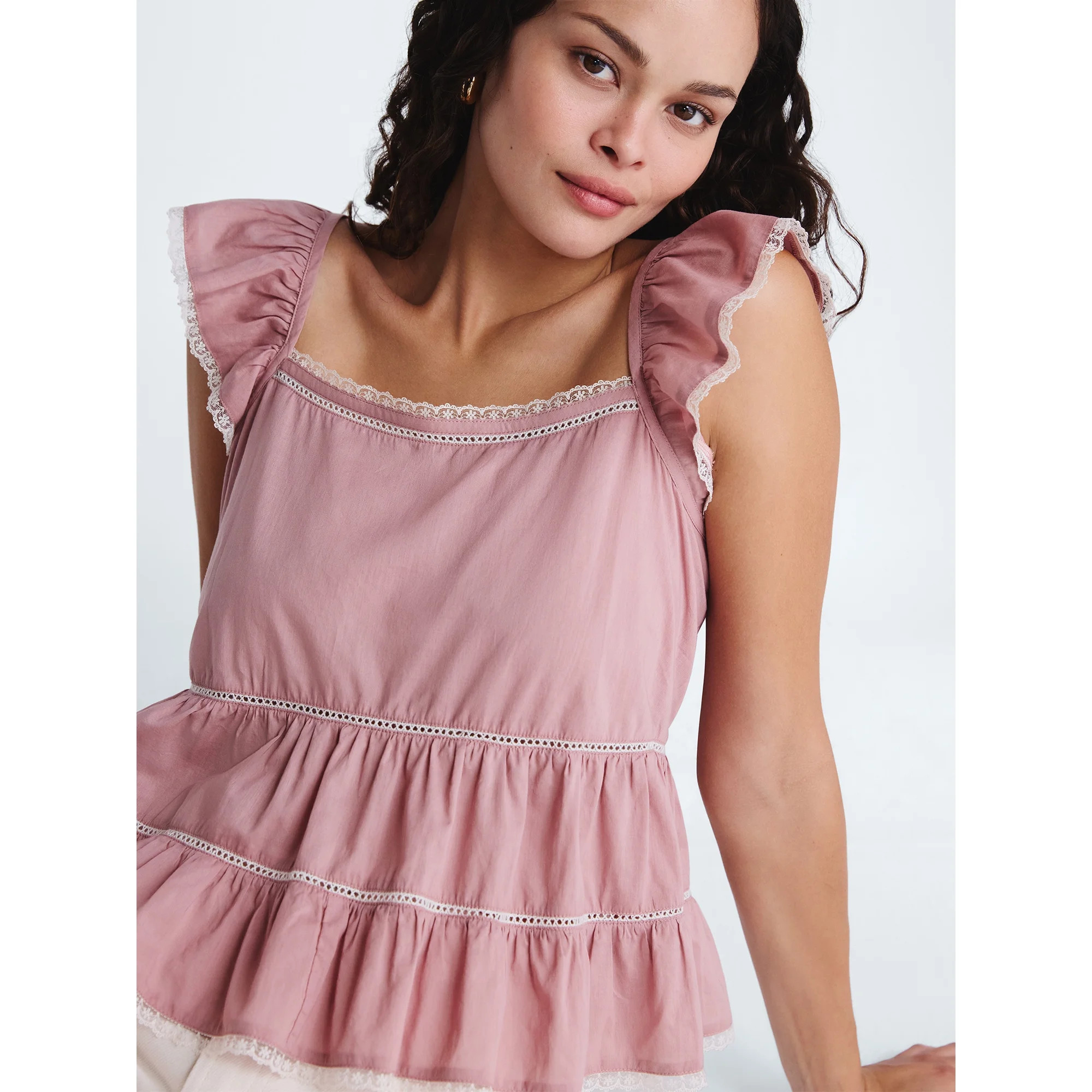 Scoop Women’s Flowy Lace Cotton Top, Sizes XS-XXL | Walmart (US)