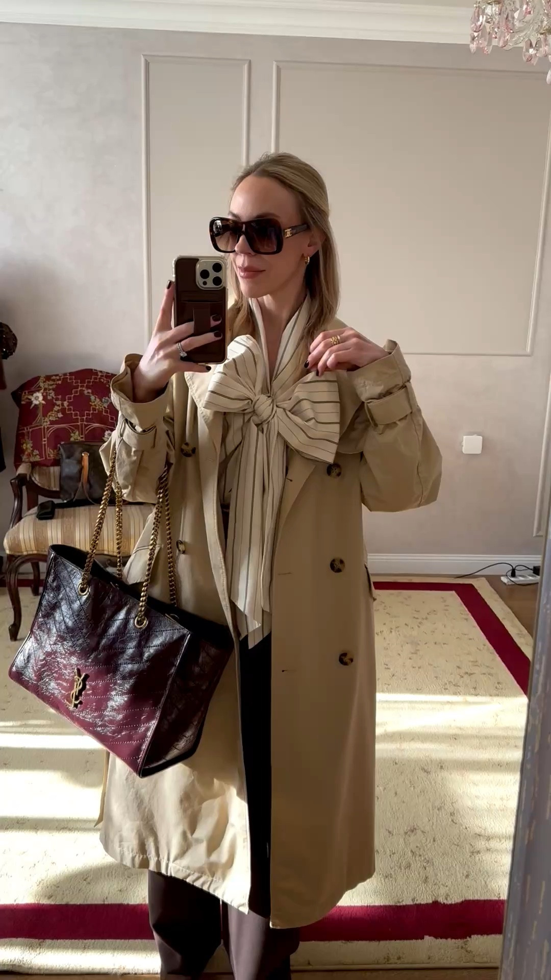 Work outfit, spring workwear, trench coat, bow tie blouse, chocolate brown trousers, burgundy YSL tote bagg

#LTKWorkwear #LTKootd #LTKOver40