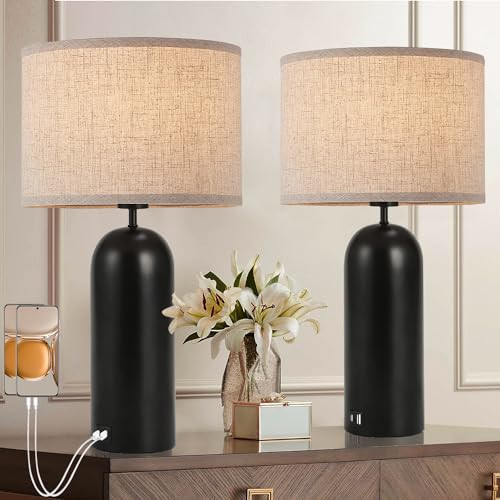 Black&Cream Table Lamps Set of 2 - 3-Way Dimmable with USB A+C Ports - Modern End Table Lamps for Living Room & Bedroom - 22inch | Amazon (US)