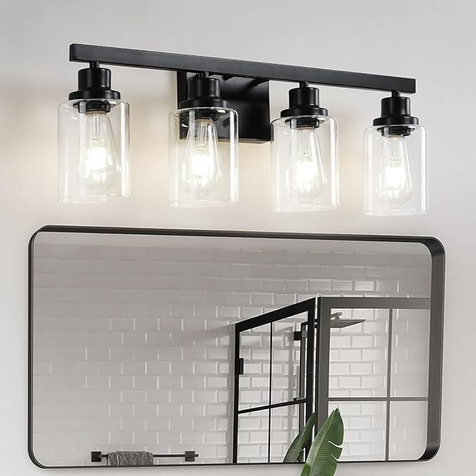Bathroom Vanity Light, 4-Light Modern Matte Black Wall Sconce Lighting with Clear Glass Shade, Bl... | Amazon (US)