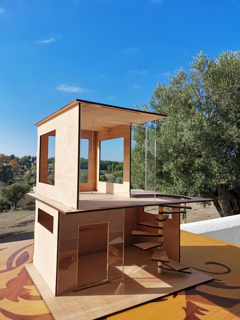 Modern Wooden Dollhouse DIY Plywood Kit Type II with Plexiglass With Spiral Staircase - Etsy | Etsy (US)