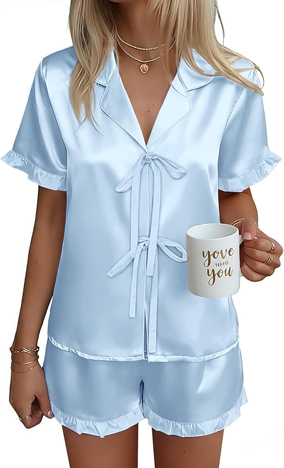 Ekouaer Satin Pajama for Women Short Sleeve Silky Pj Short Set Bow Front Tie Up Loungewear Sleepw... | Amazon (US)