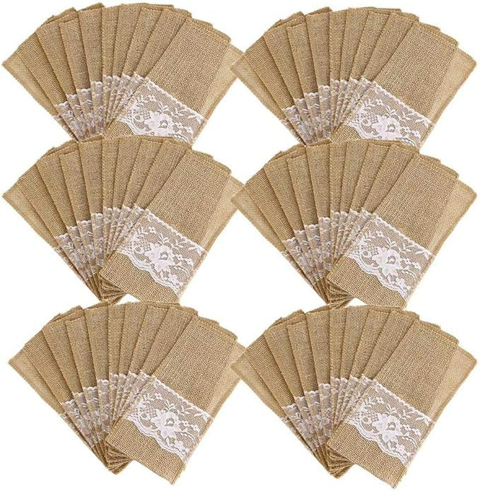 Facibom 75Pcs Burlap Lace Cutlery Pouch Rustic Wedding Tableware Knife Fork Holder Bag Hessian Ju... | Amazon (US)